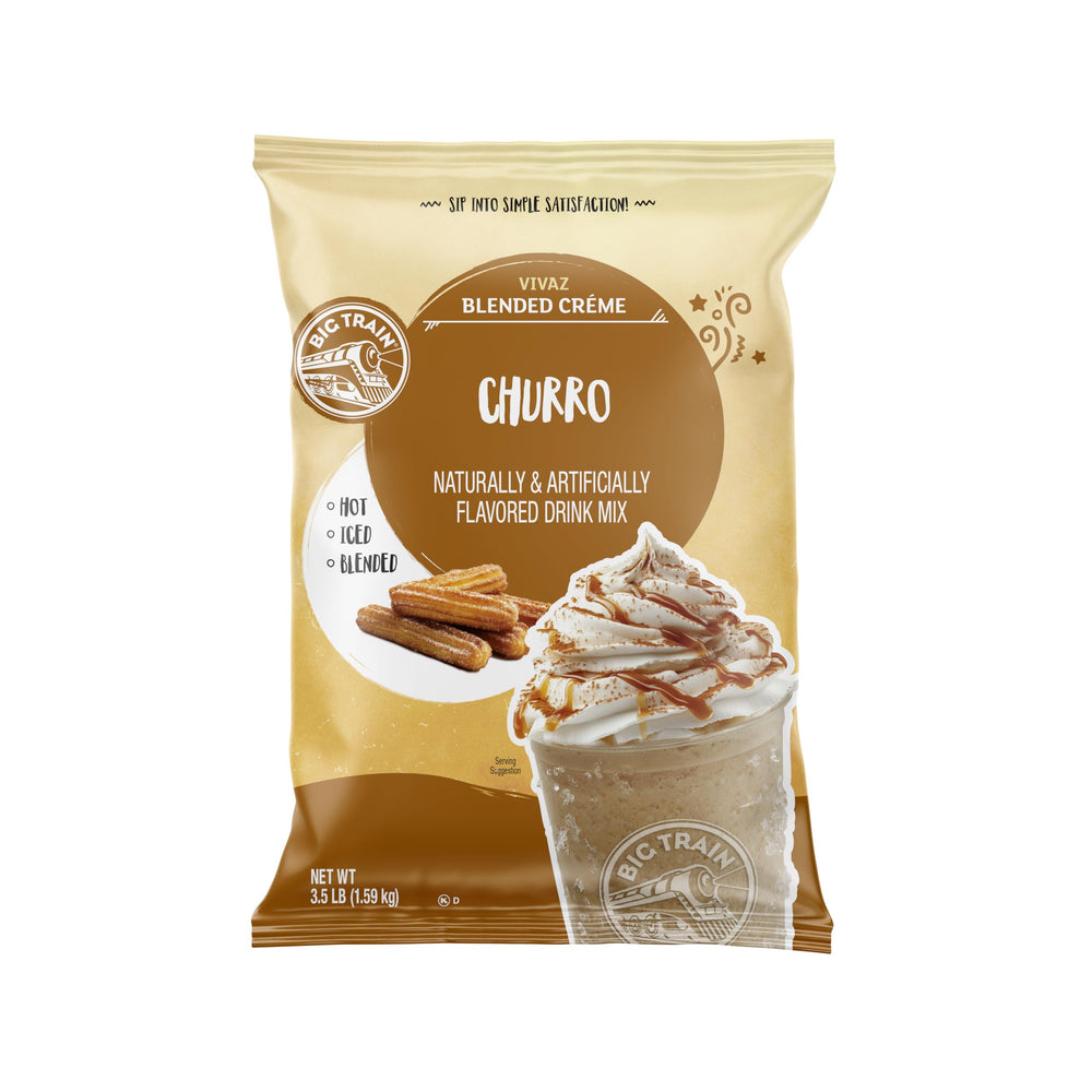 Big Train front packaging showing churro frappe mix for easy service