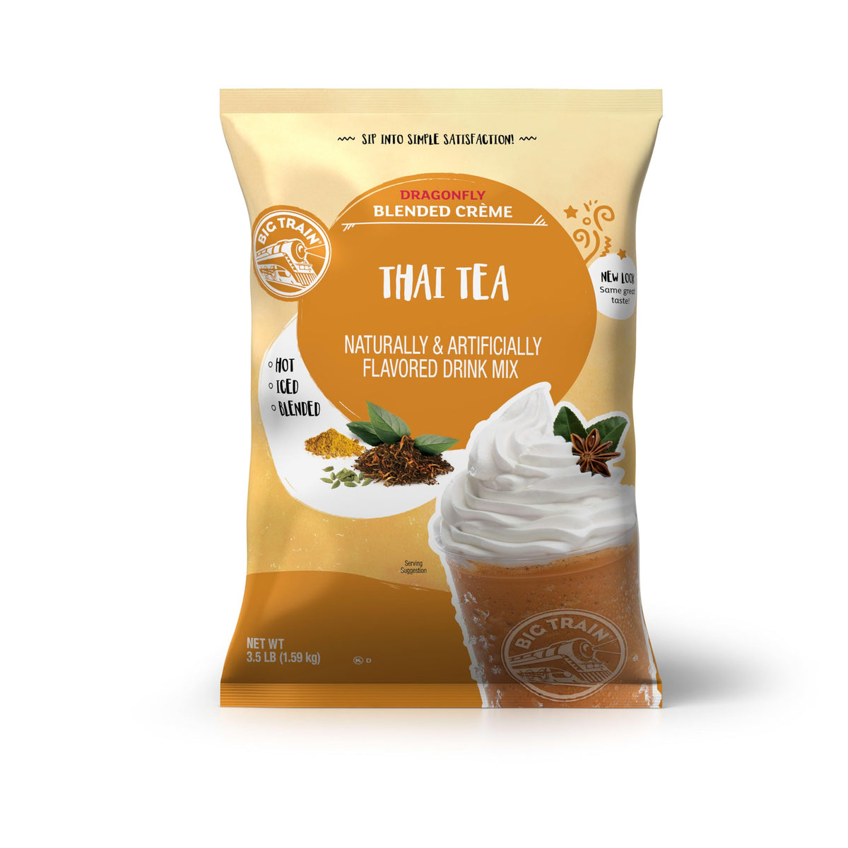 Big Train front packaging showing Dragonfly Thai Tea mix and easy serving