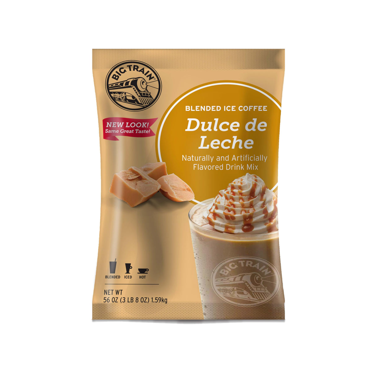 Big Train front packaging showing 3.5 lb dulce de leche mix, consistent servings