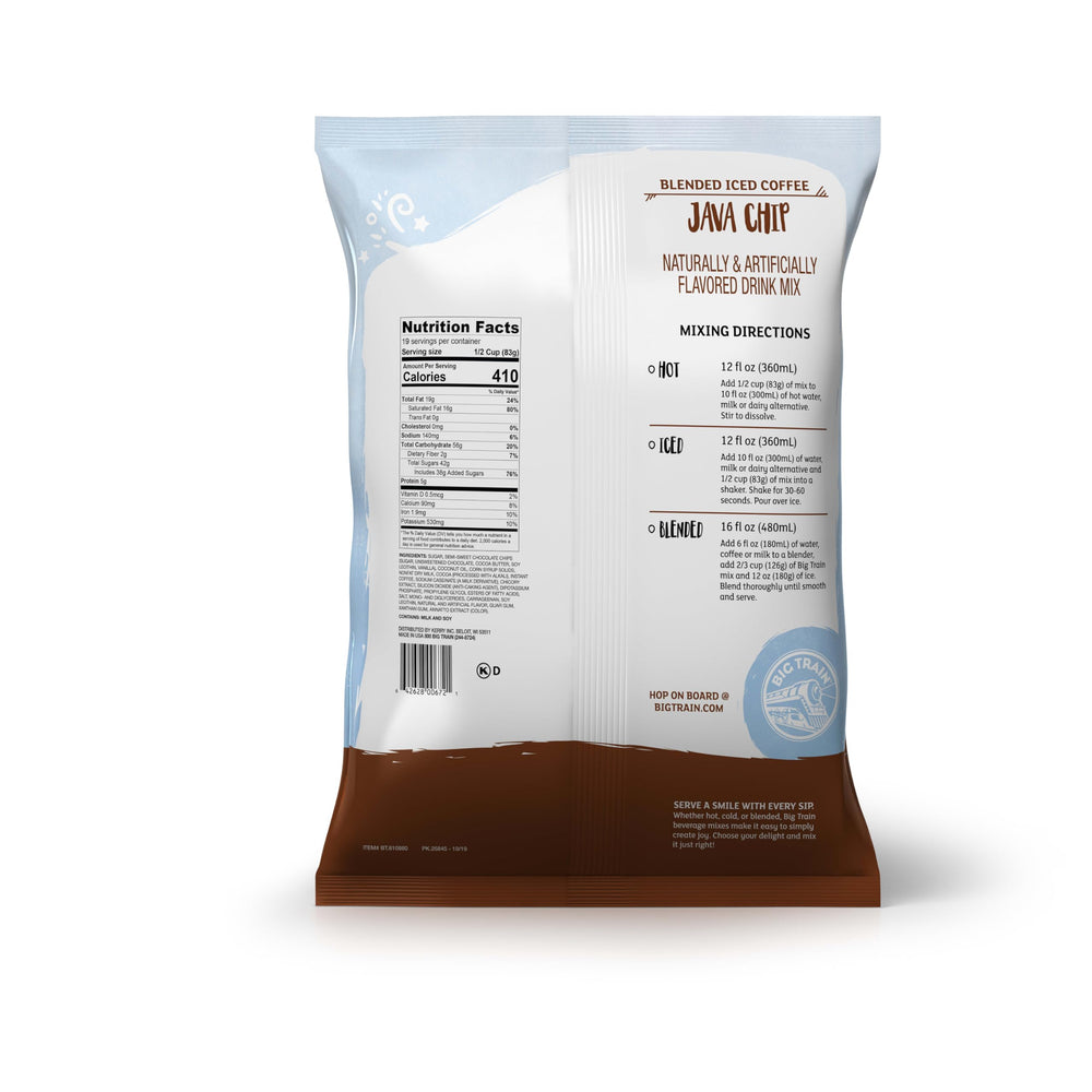 Big Train ingredients label close-up showing Arabica coffee and mix components