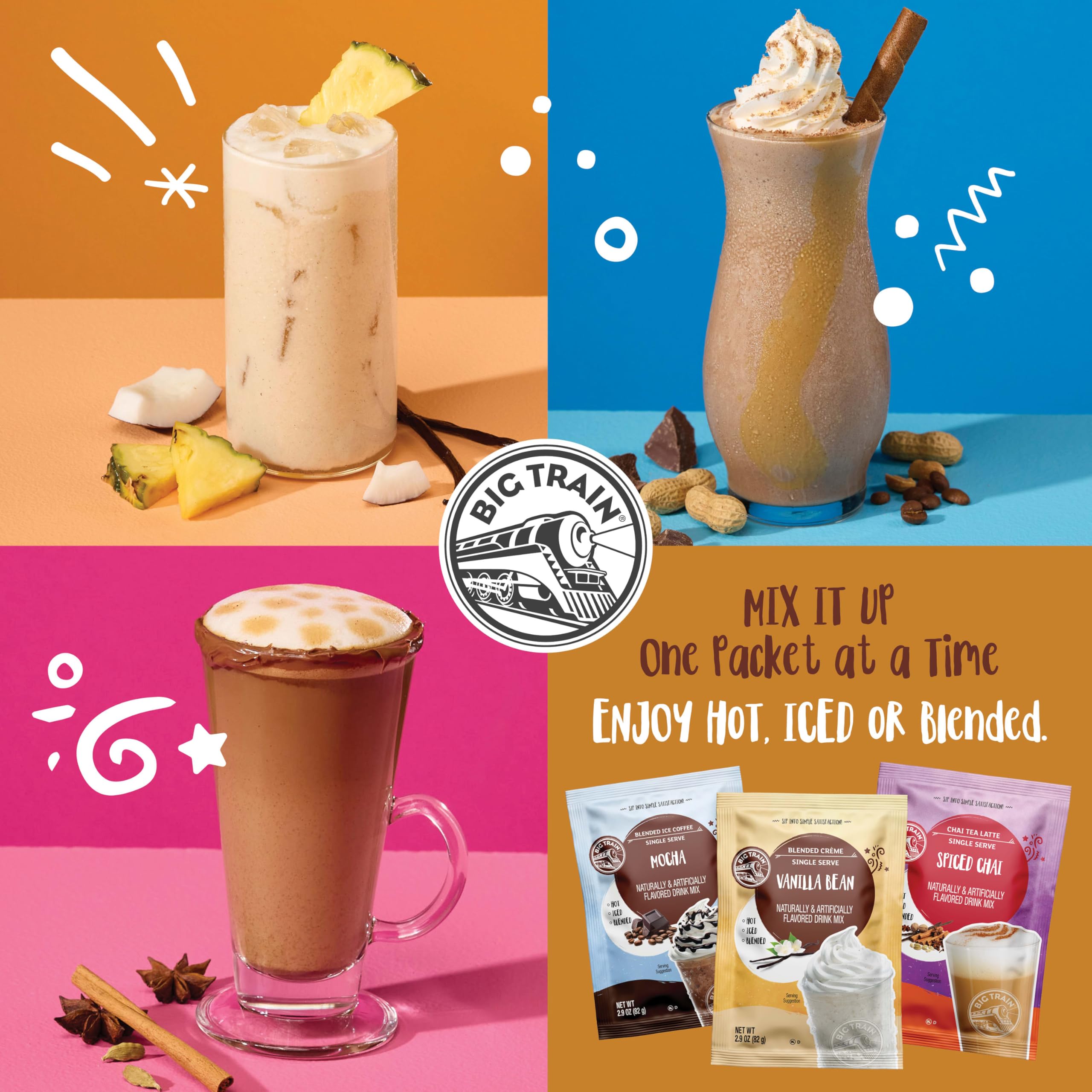 Big Train packet beside mug demonstrating single-serve scale and ease