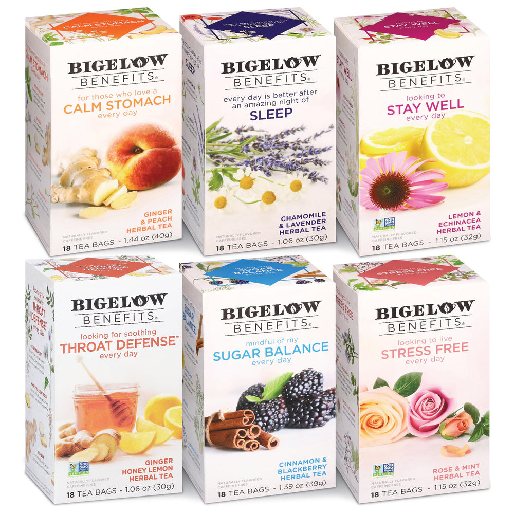 Bigelow Benefits front packaging showing six wellness flavors and convenience