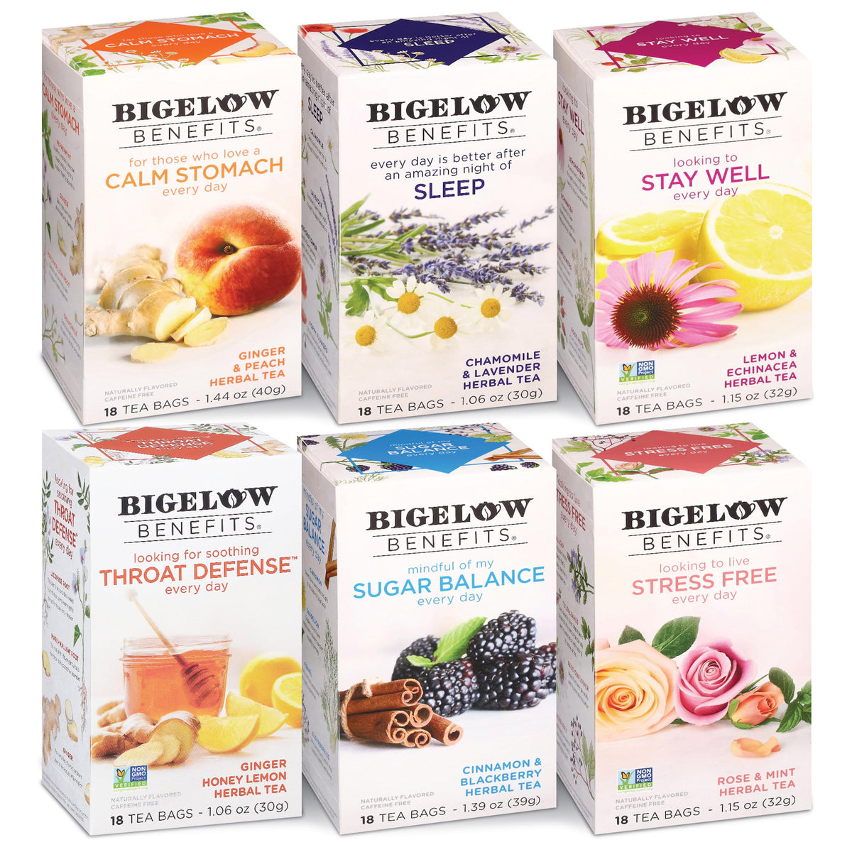 Bigelow Benefits front packaging showing six wellness flavors and convenience