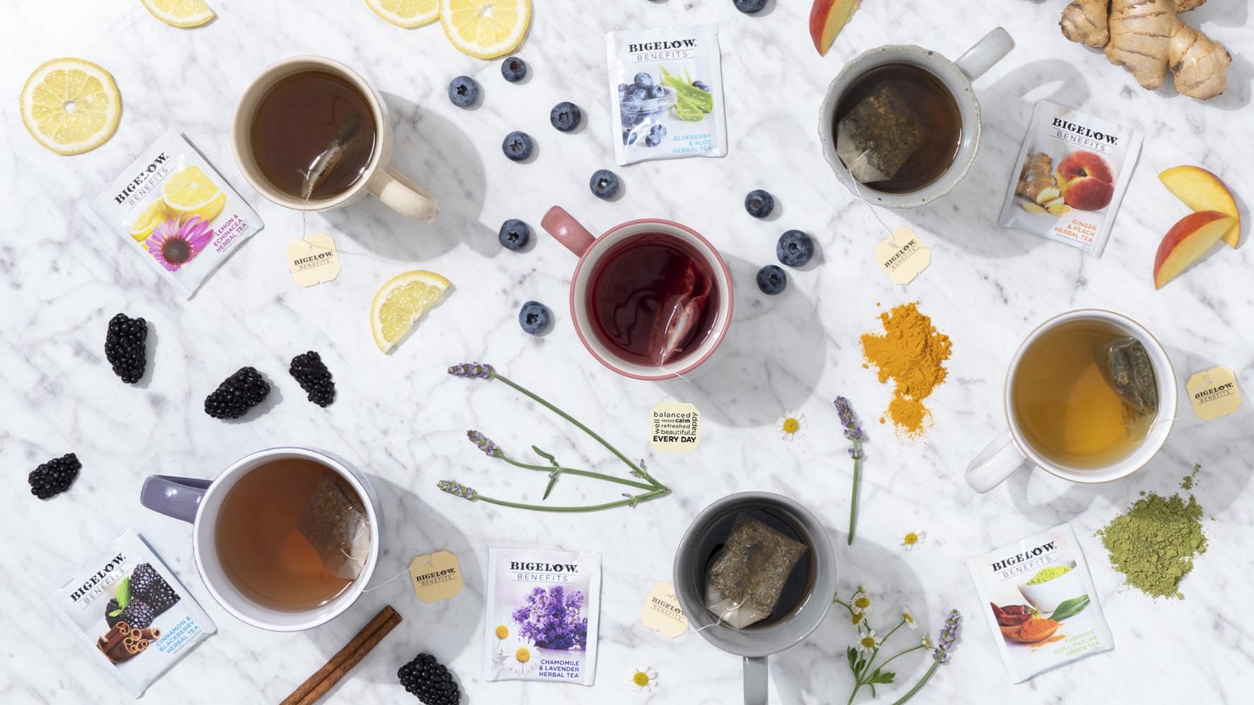 Bigelow Benefits tea bag steeping in cup delivering comforting aroma