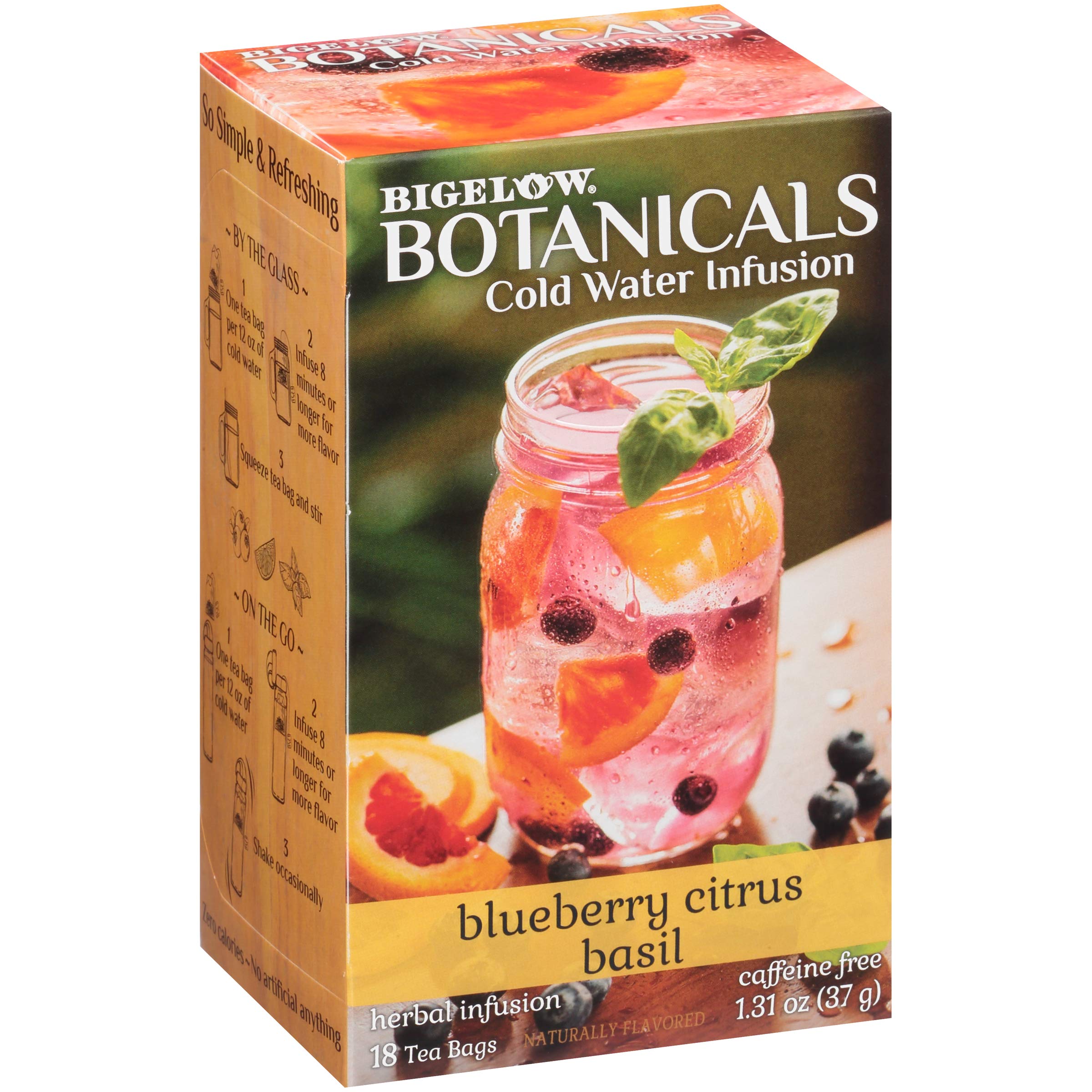 Bigelow Tea front packaging showing Blueberry Citrus Basil benefits freshness
