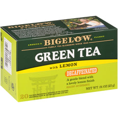 Bigelow box front showing decaffeinated green tea with lemon and count
