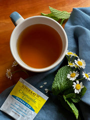 bigelow chamomile mint foil wrapped tea bag closeup highlighting sealed pouch freshness and portability
