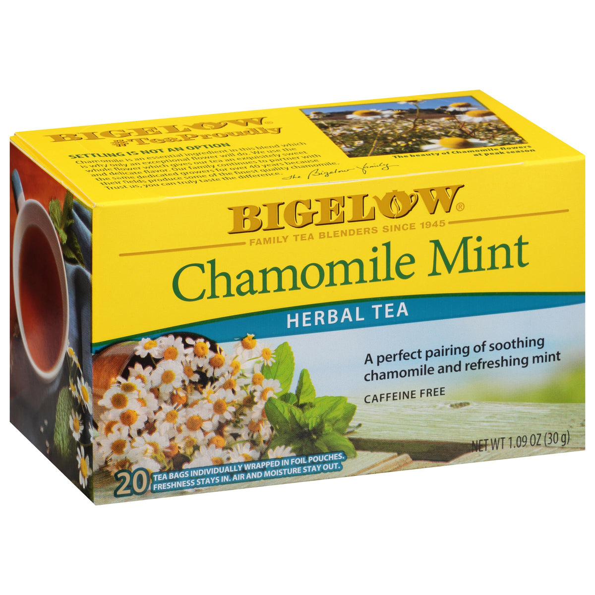 bigelow chamomile mint front packaging showing six 20-count boxes and product name benefit freshness