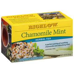 bigelow chamomile mint front packaging showing six 20-count boxes and product name benefit freshness