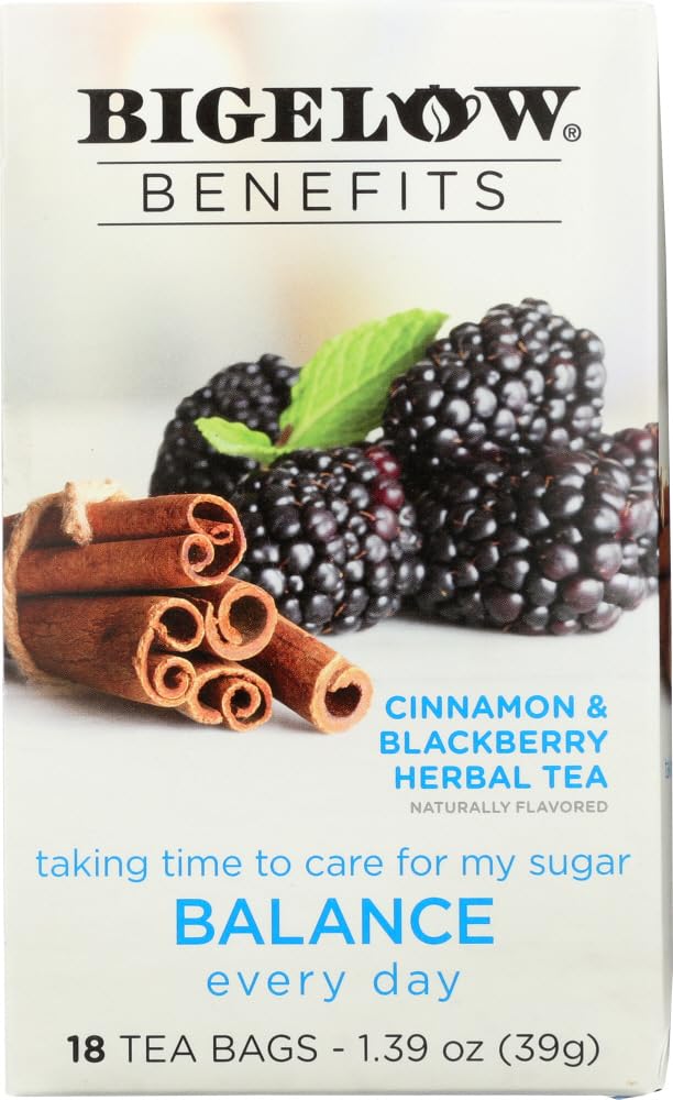 Bigelow tea front box showing cinnamon and blackberry for comforting flavor