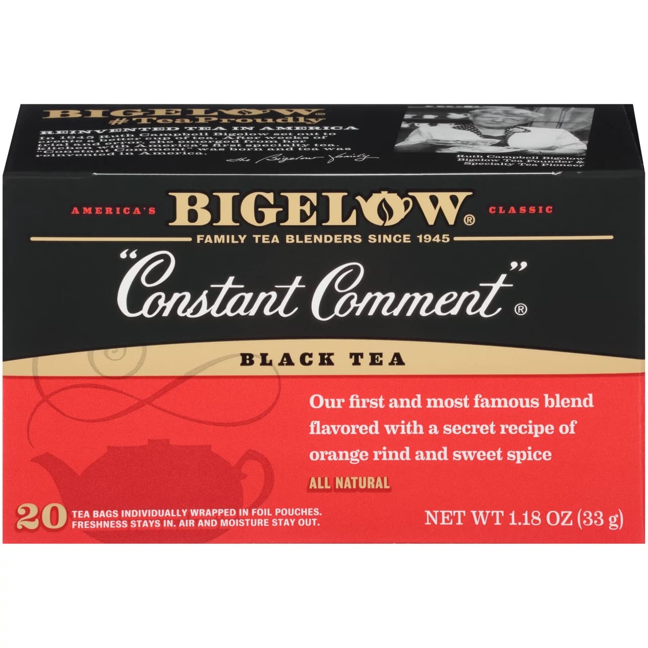 Bigelow Constant Comment pouch front view showing spiced-citrus flavor and fresh aroma