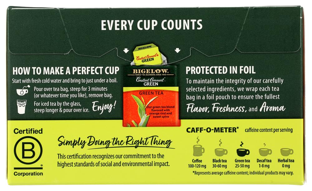 Bigelow foil-wrapped tea bag being opened to preserve flavor and portability