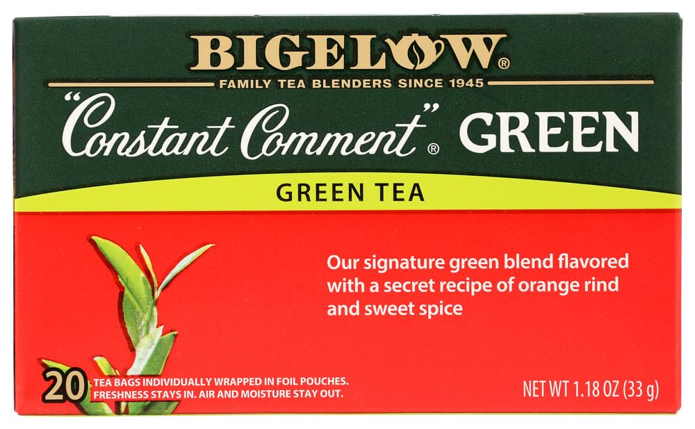 Bigelow Constant Comment green tea front packaging shows three boxes and freshness
