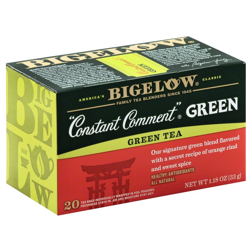 Bigelow Constant Comment green tea front packaging showing flavor and convenient 20-count box