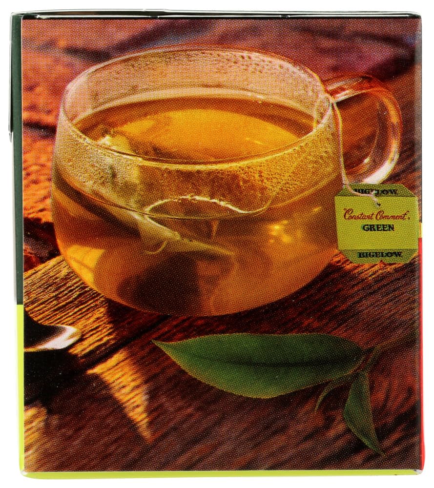 Bigelow close-up of green tea leaves with orange peel highlighting natural aroma