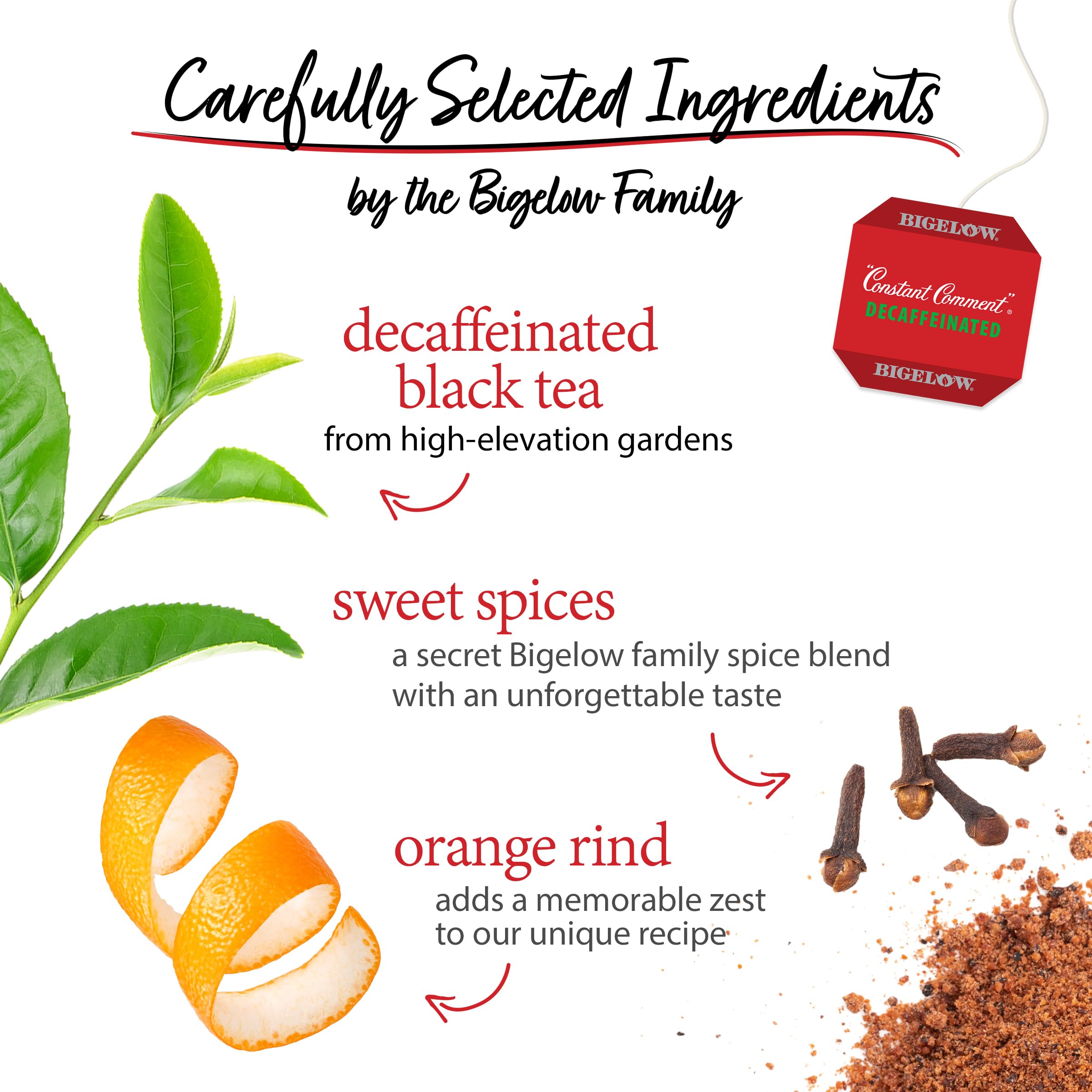Close-up of Bigelow Constant Comment tea blend texture showing orange rind and spice pieces for aroma