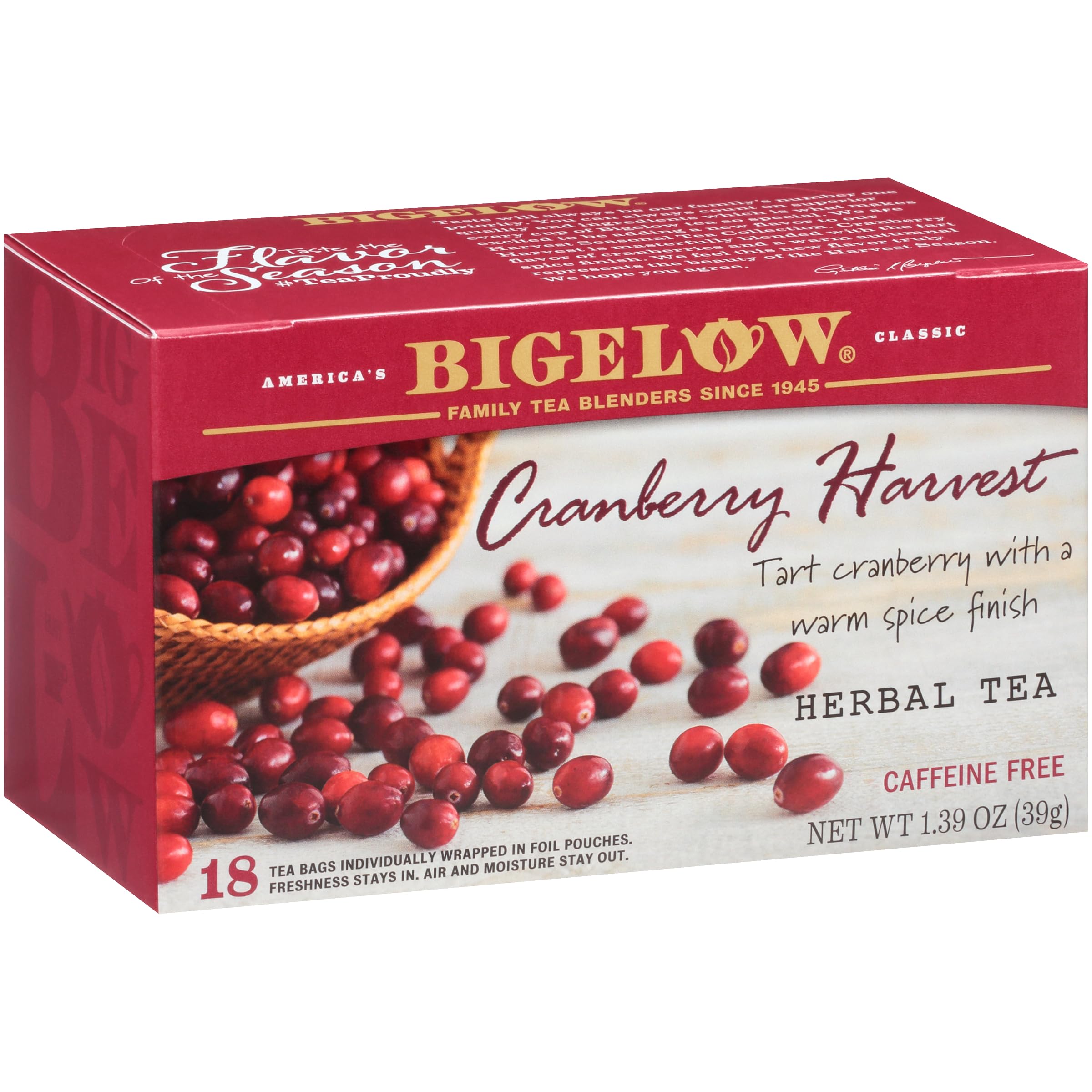 Bigelow Tea front packaging showing Cranberry Harvest and serving size benefit