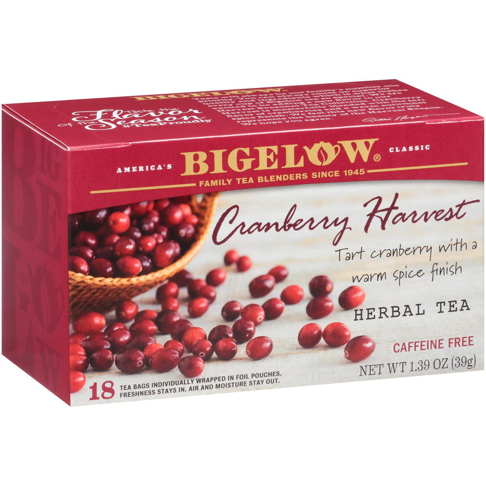 Bigelow Tea front packaging showing Cranberry Harvest and serving size benefit