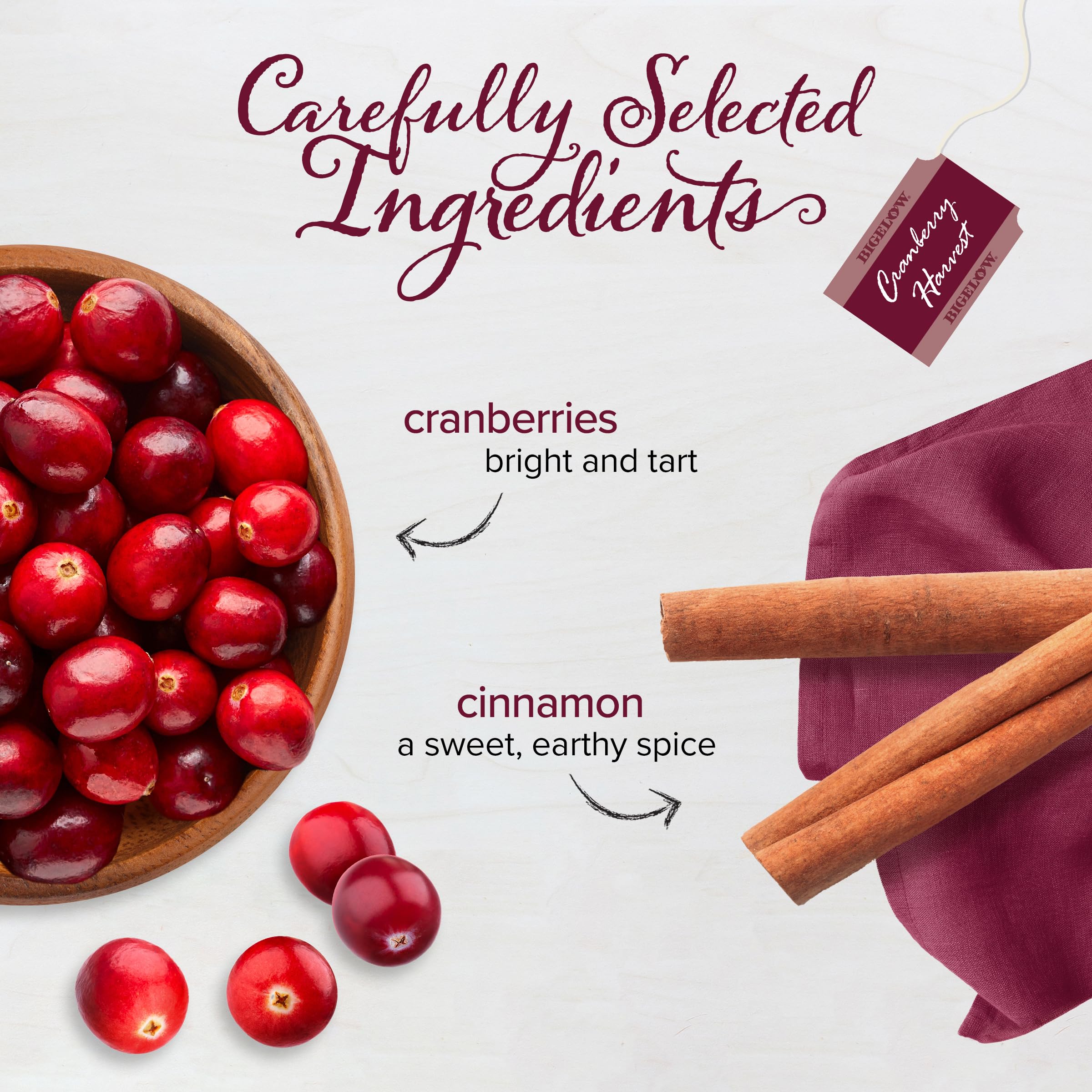 Bigelow Tea loose blend with cranberry and spice details showing flavor notes