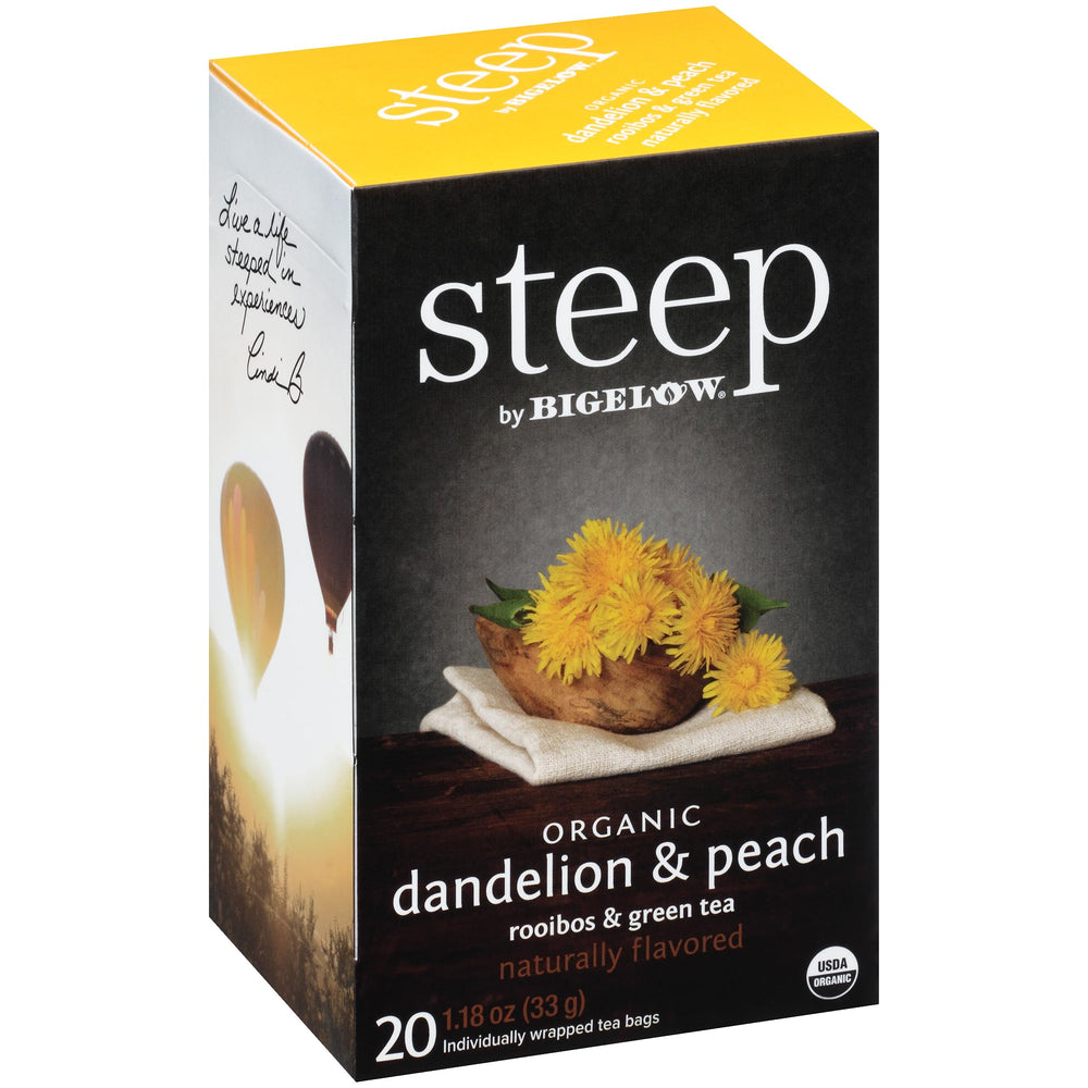 Bigelow front packaging showing dandelion and peach, highlights organic certification and freshness