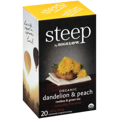 Bigelow front packaging showing dandelion and peach, highlights organic certification and freshness