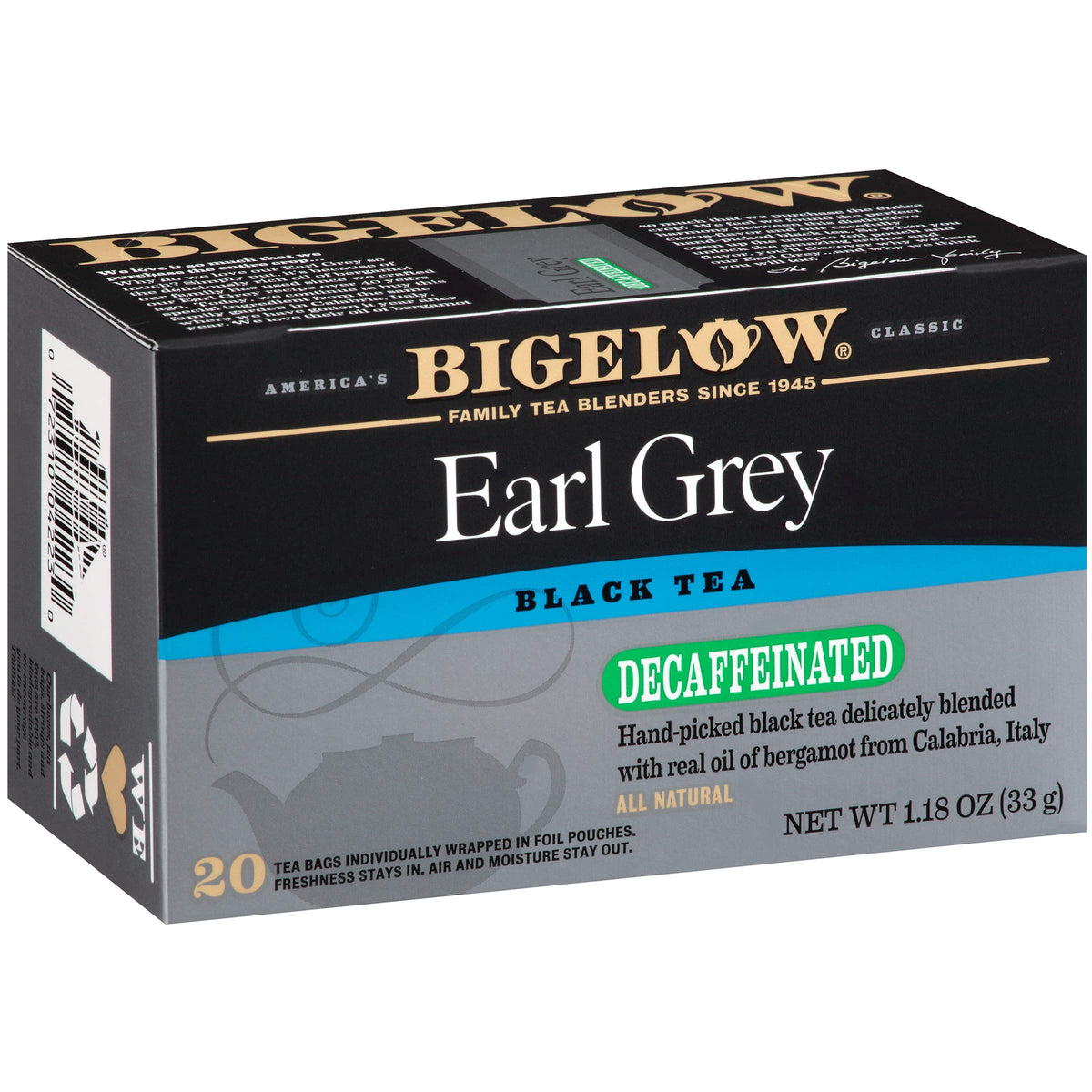 bigelow decaffeinated earl grey front box showing packaging and count