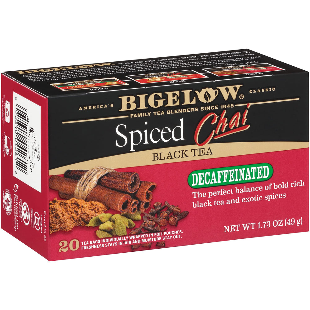 Bigelow front box view showing decaffeinated spiced chai for pantry convenience