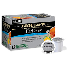 Bigelow box front showing Earl Grey pods and branding, clear product identification and convenience