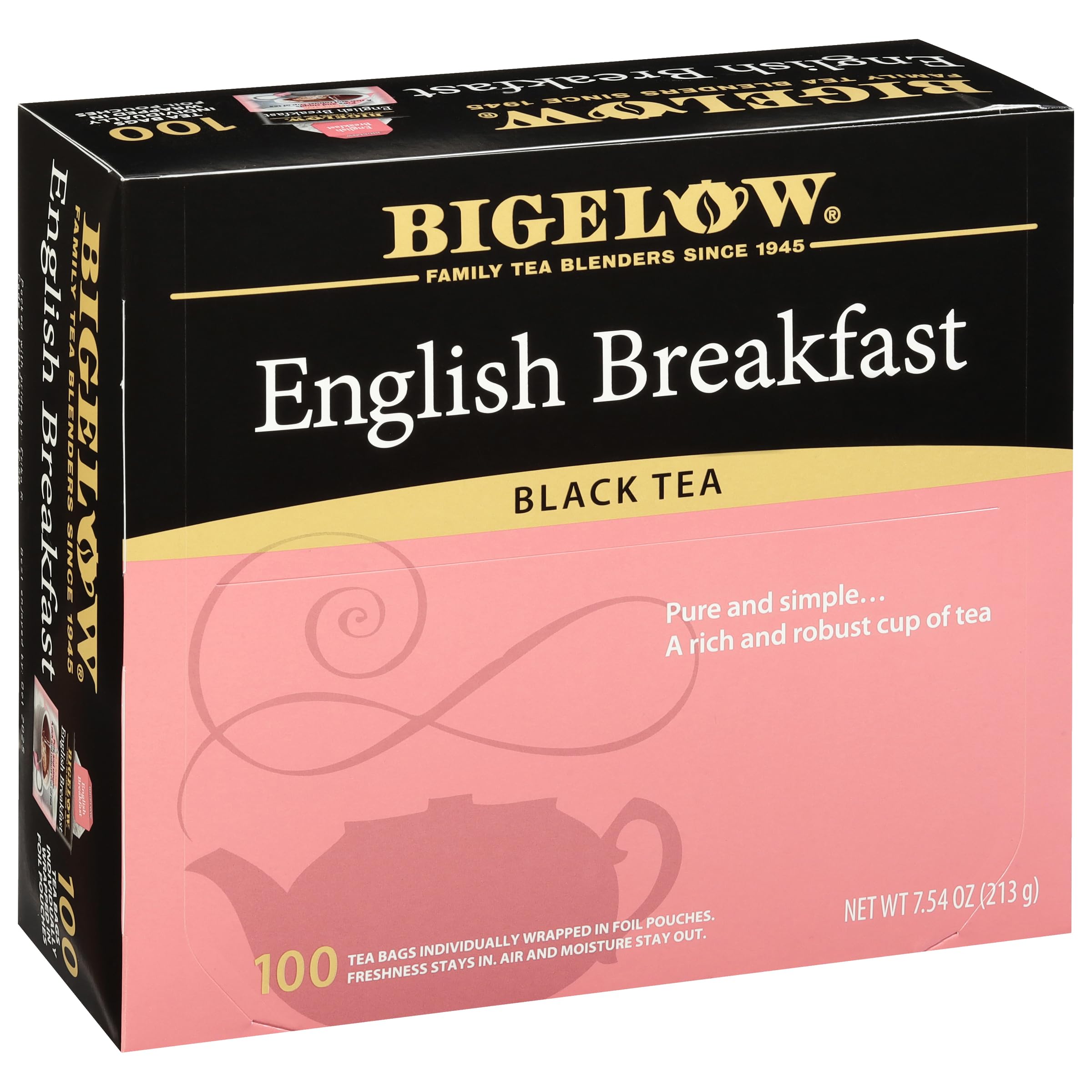 Bigelow front packaging showing 100-count box and clear branding benefit freshness