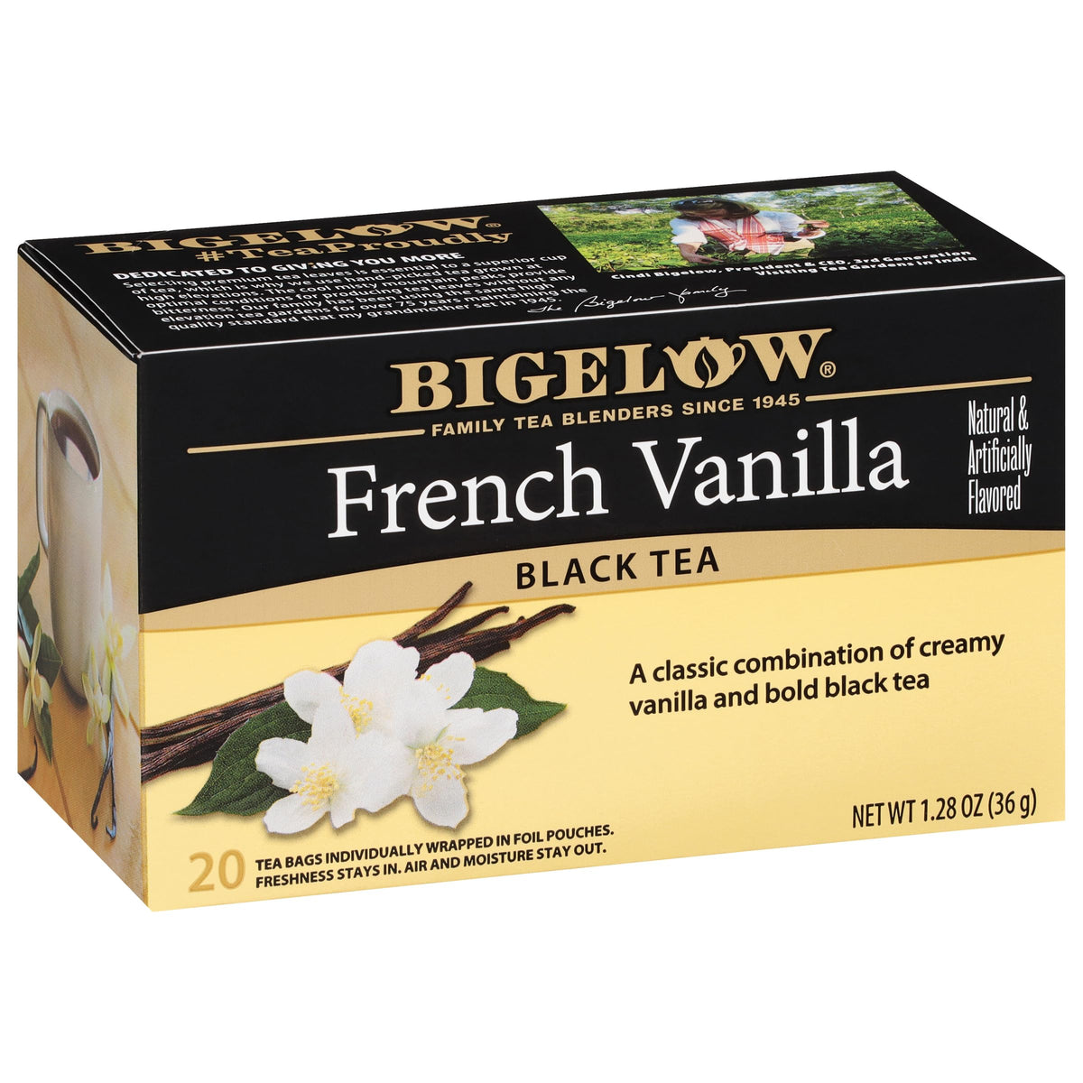 Bigelow front packaging showing French Vanilla boxes and freshness