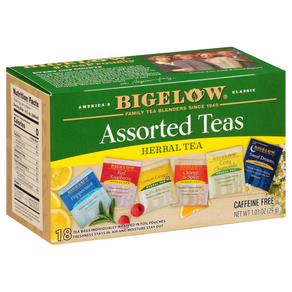 Bigelow front packaging showing six herbal flavors and fresh variety