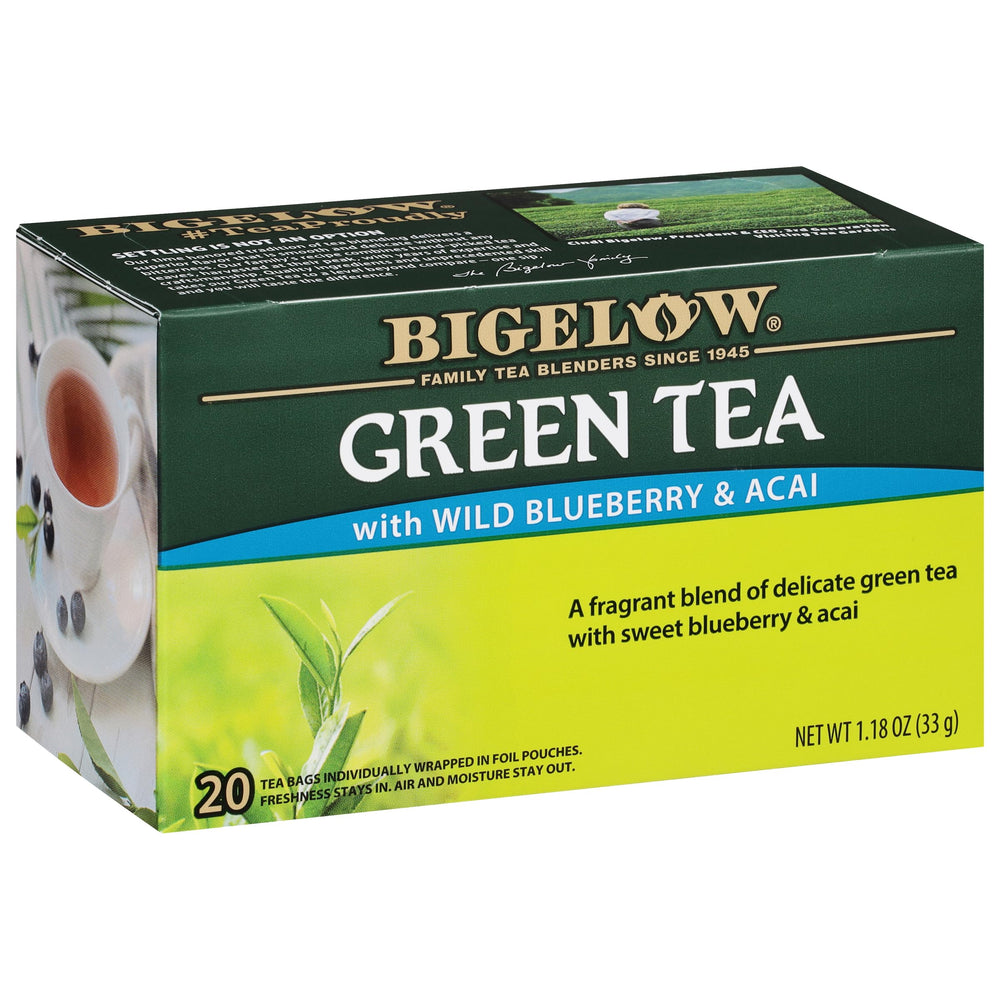 Bigelow front box showing green tea with wild blueberry and acai, clear packaging benefit