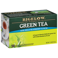 Bigelow front box showing green tea with wild blueberry and acai, clear packaging benefit
