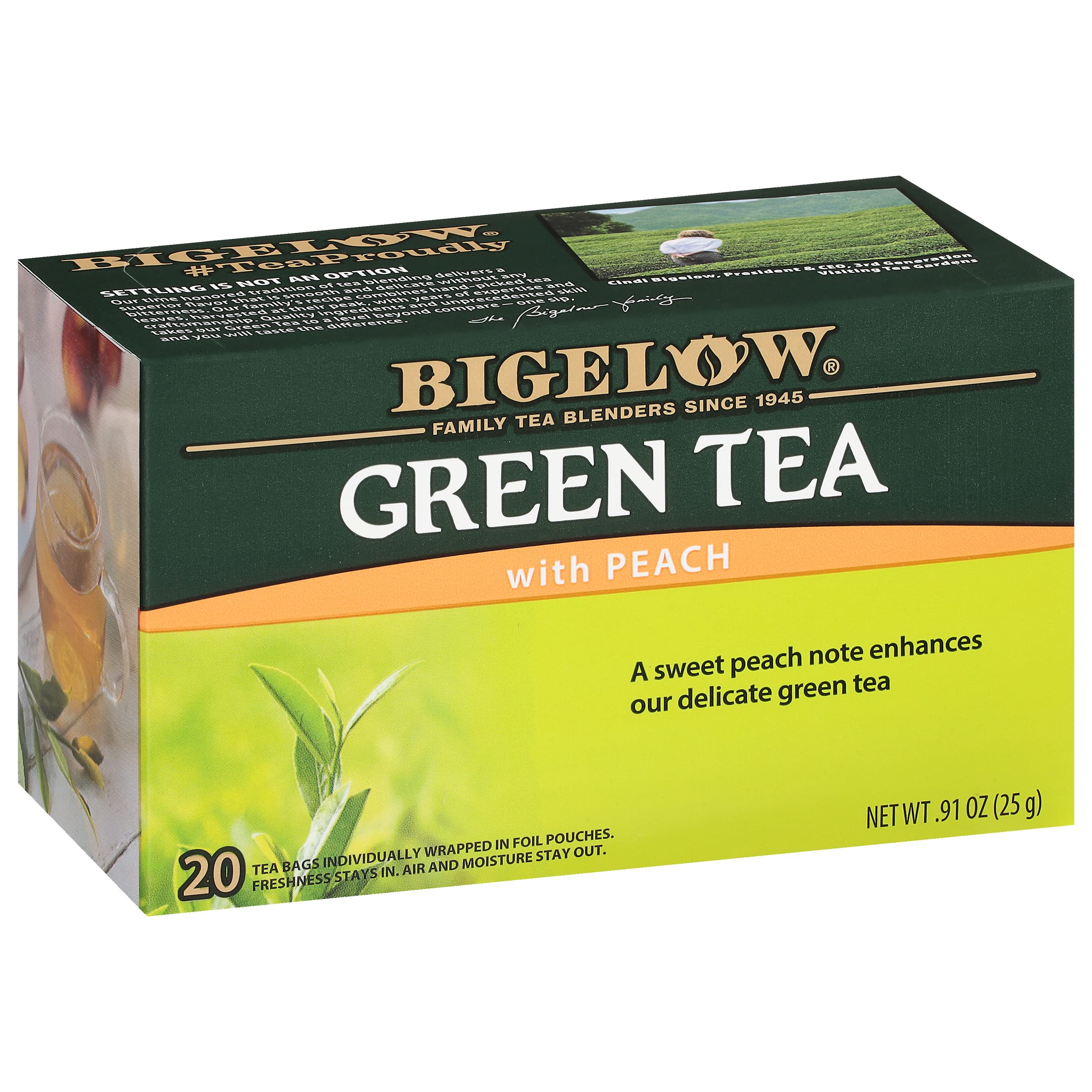 Bigelow Tea front packaging showing peach green tea and quantity benefit
