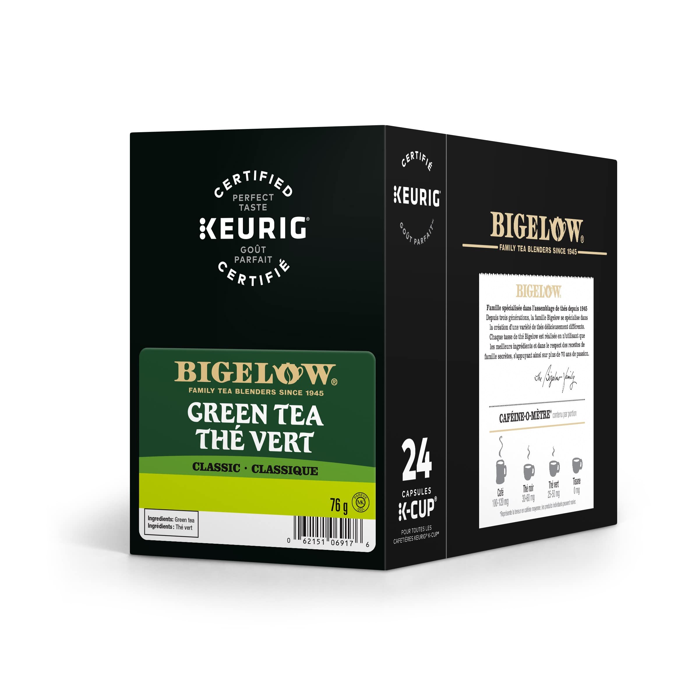 Bigelow Tea box front packaging showing 24 K-Cup pods and clear labeling benefit convenience