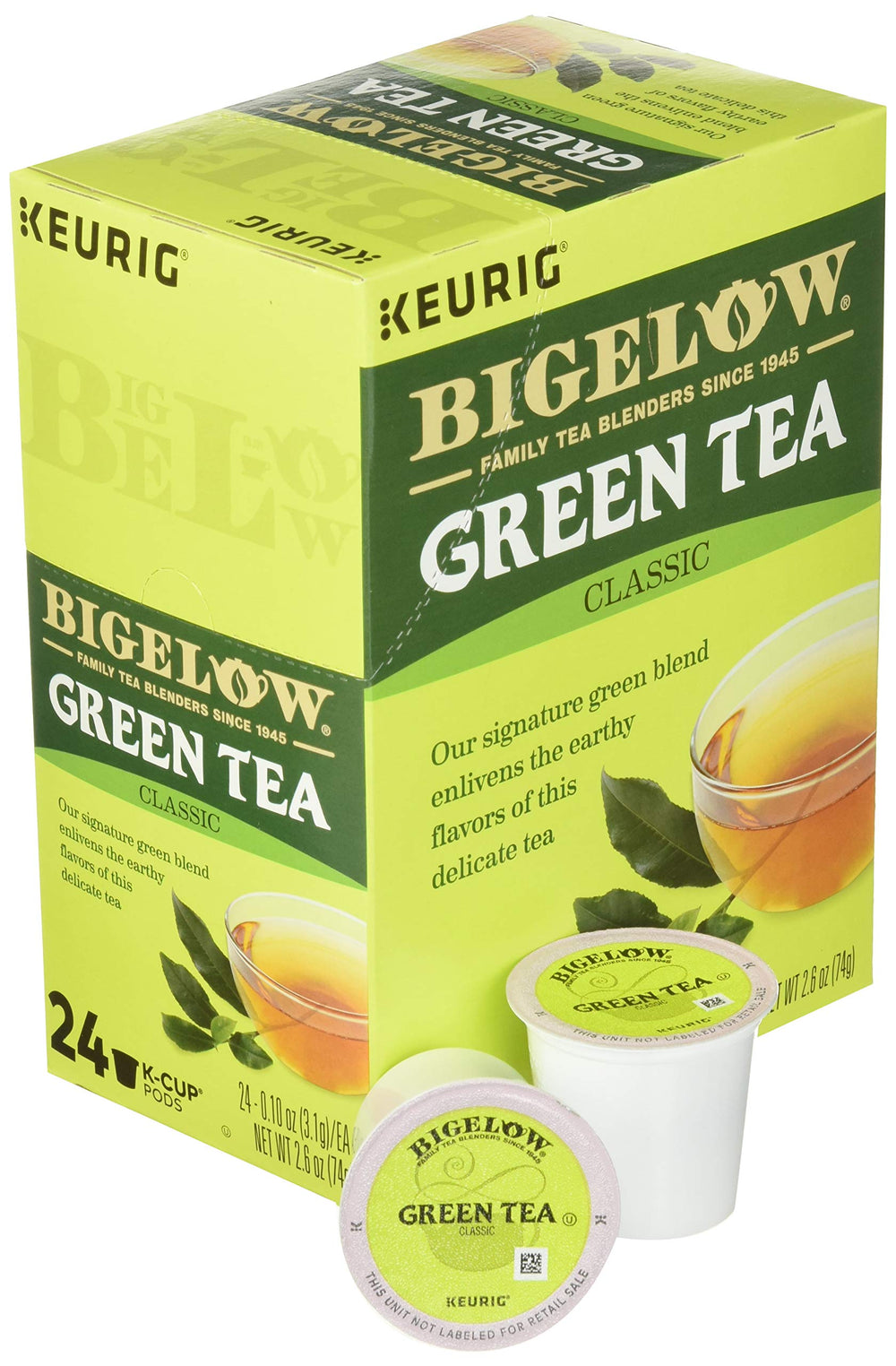 Bigelow brand K-Cup top view highlighting pod design and easy use