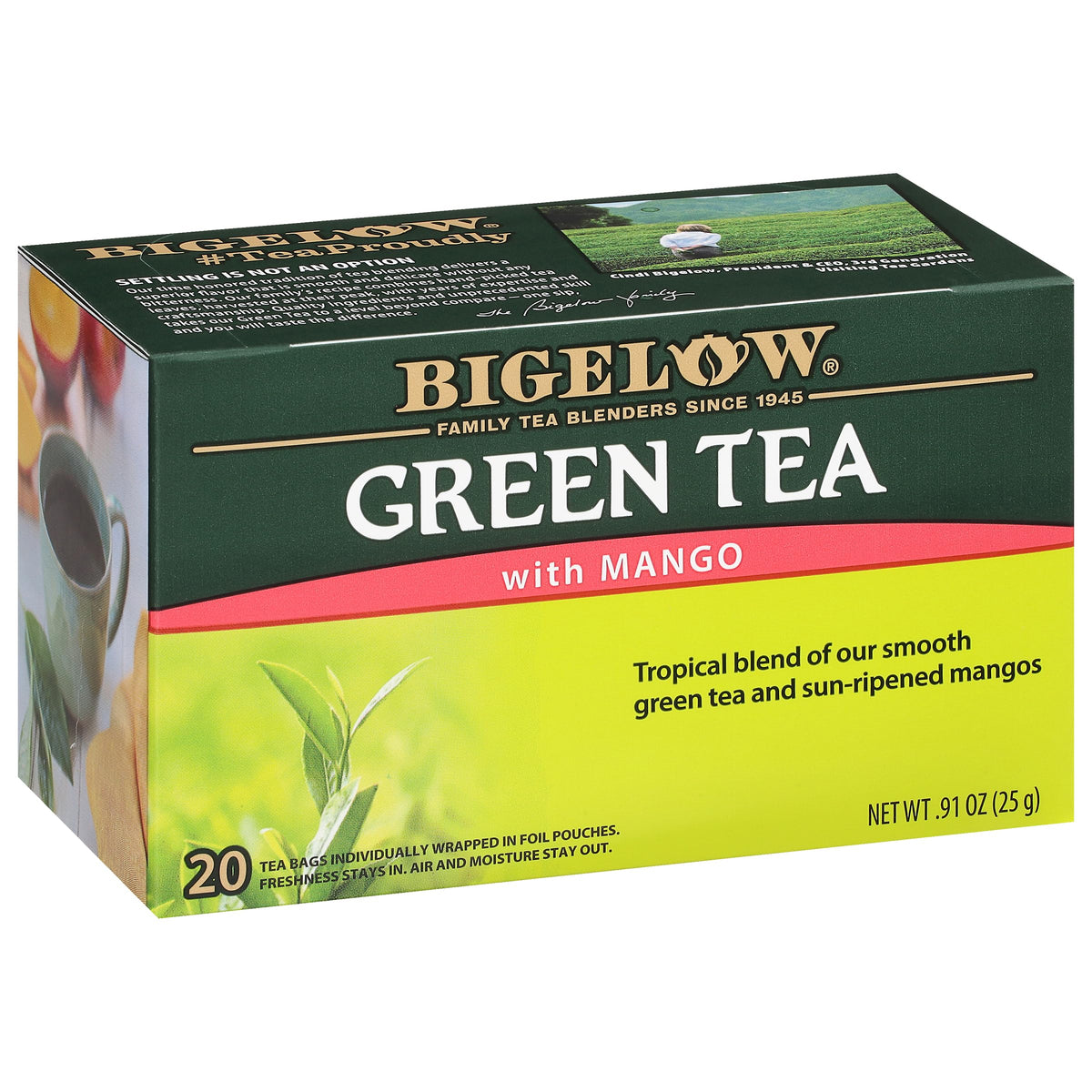 Bigelow Tea front packaging showing mango green tea and pack details for convenience