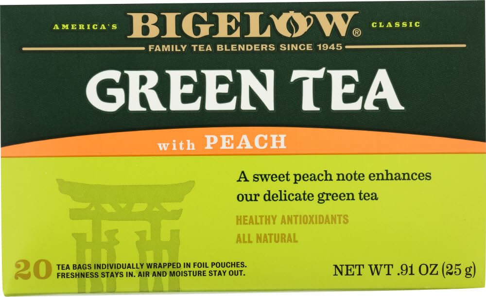Bigelow tea front packaging showing peach green tea and pack benefits