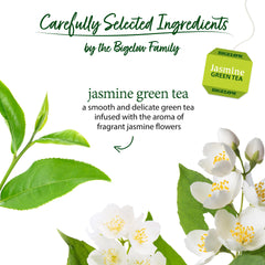 Bigelow tea bag close-up revealing fine green leaves and floral blend detail