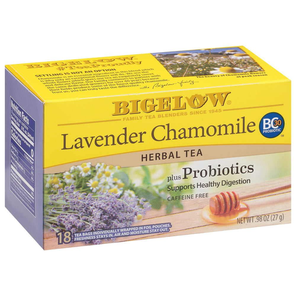 Bigelow front packaging shows lavender chamomile and probiotic benefits