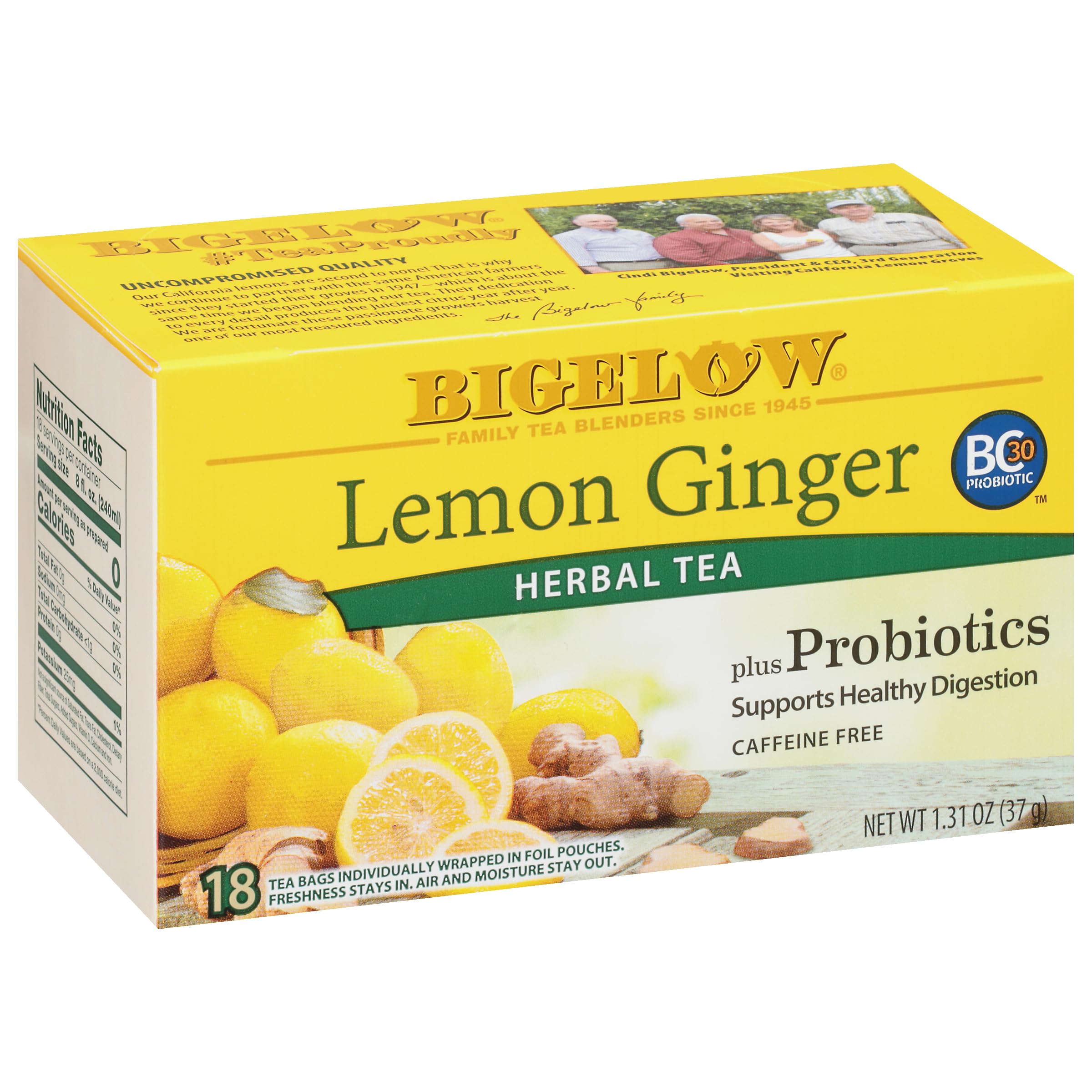 Bigelow front packaging showing lemon ginger plus probiotics and pack benefits