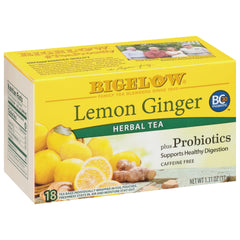 Bigelow front packaging showing lemon ginger plus probiotics and pack benefits