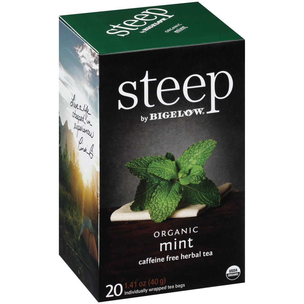 Bigelow Tea front packaging showing mint blend and organic label, clear product identity benefit