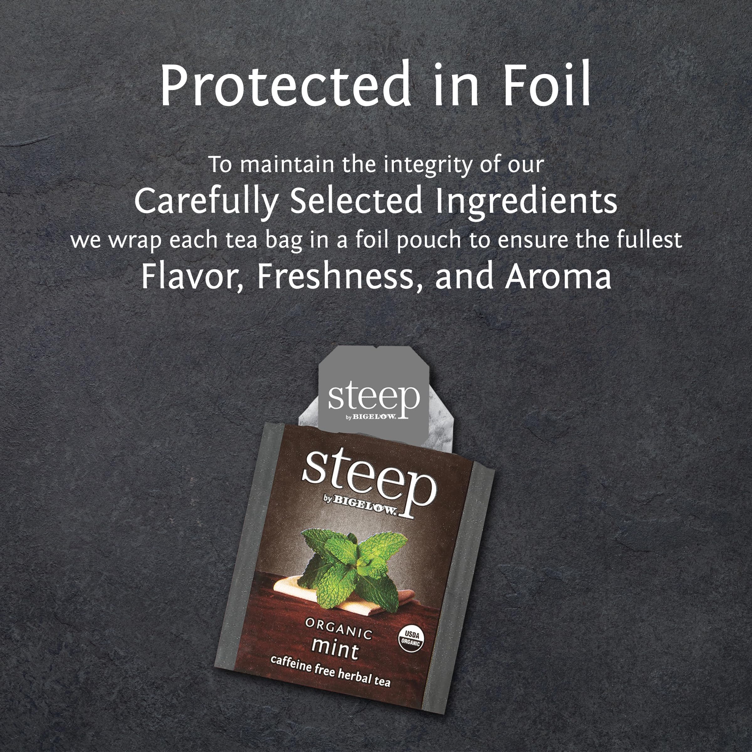 Bigelow Tea tea bag steeping in cup delivering clear mint infusion and visual brewing benefit