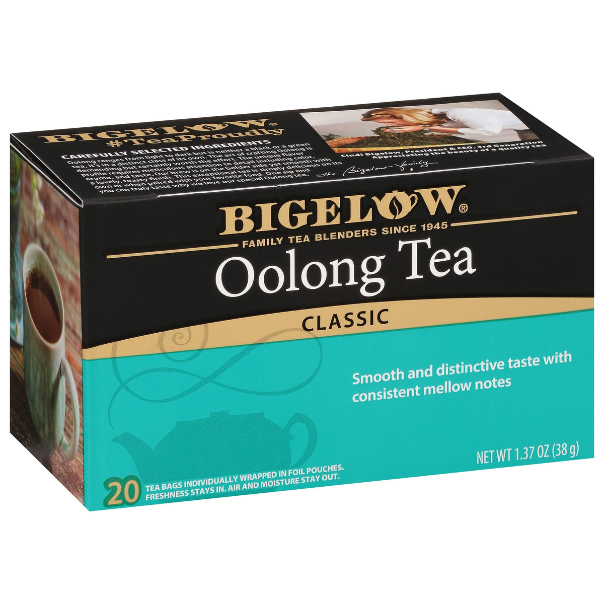 Bigelow front box showing oolong packaging and easy storage benefit