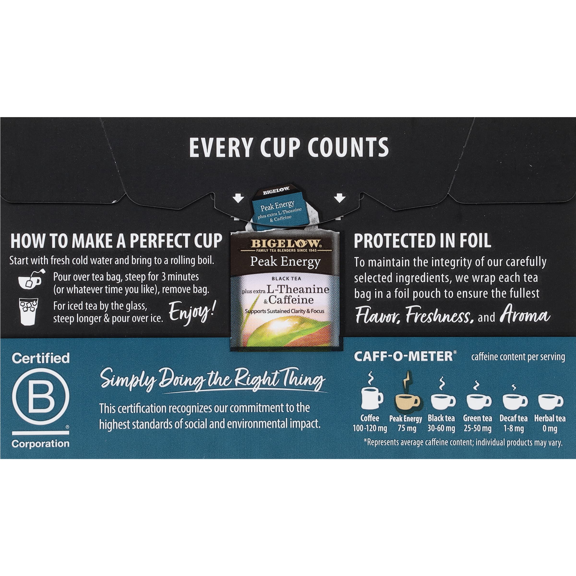 Steeped cup of Bigelow Peak Energy tea, clearheaded energy suggestion