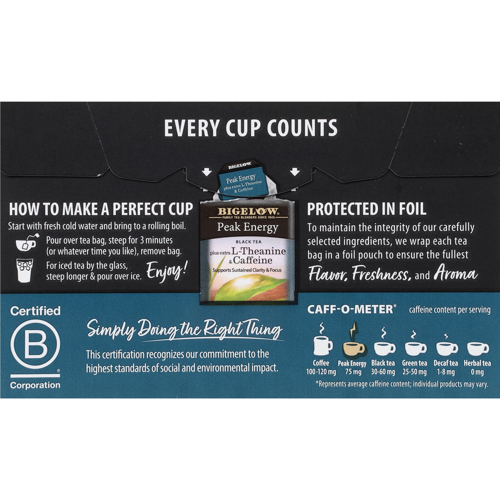 Steeped cup of Bigelow Peak Energy tea, clearheaded energy suggestion