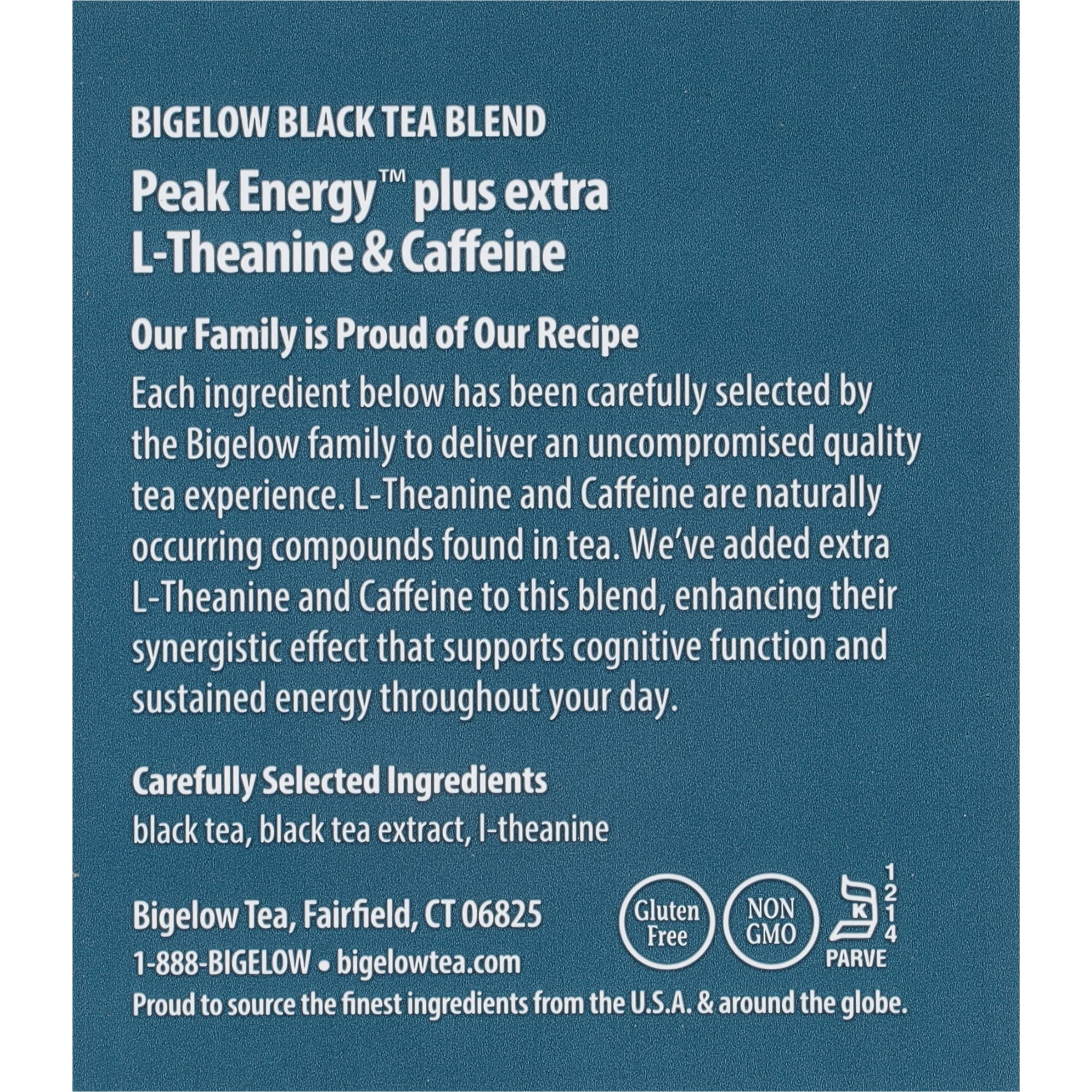 Close-up of tea bag and tag from Bigelow, rich black tea detail