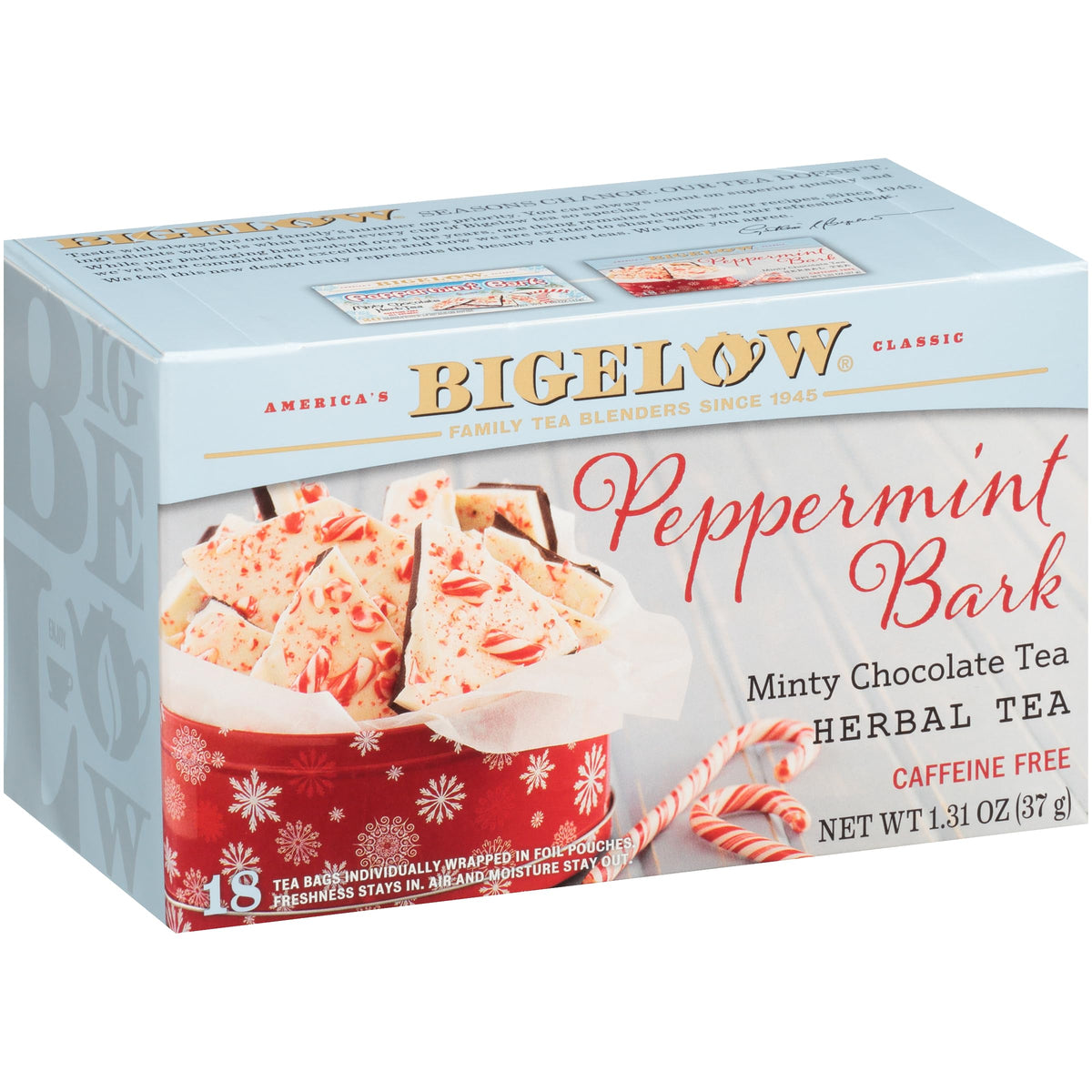 Bigelow peppermint bark front packaging showing box and branding, seasonal gift-ready
