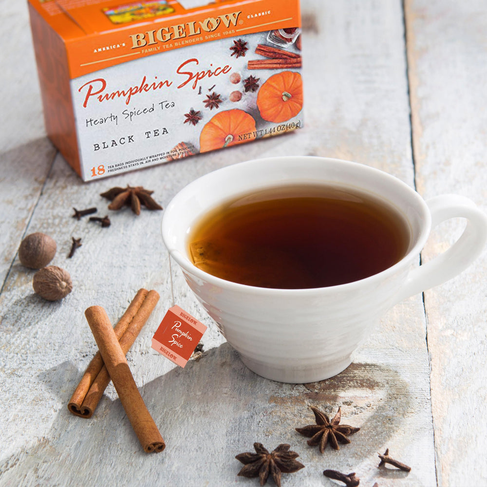 Bigelow individually wrapped foil pouch preserving pumpkin spice aroma and freshness